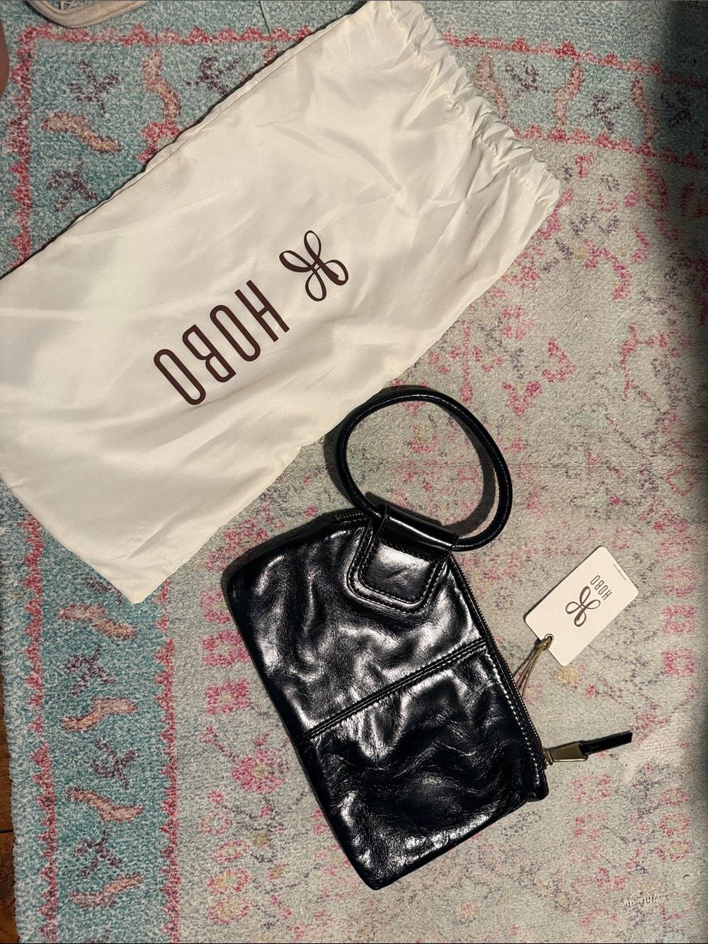 HOBO Black Glossy Leather Sable Wristlet with Ring Handle